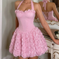 Elegant Pink Halter-Neck 3D Floral Lace-Up A-Line Homecoming Dress DP8693