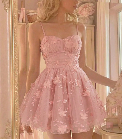 Elegant Pink Spaghetti Strap Tulle 3D Floral Appliques Sweetheart A-Line Homecoming Dress DP8694