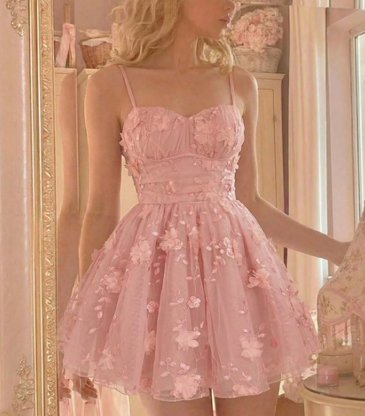 Elegant Pink Spaghetti Strap Tulle 3D Floral Appliques Sweetheart A-Line Homecoming Dress DP8694