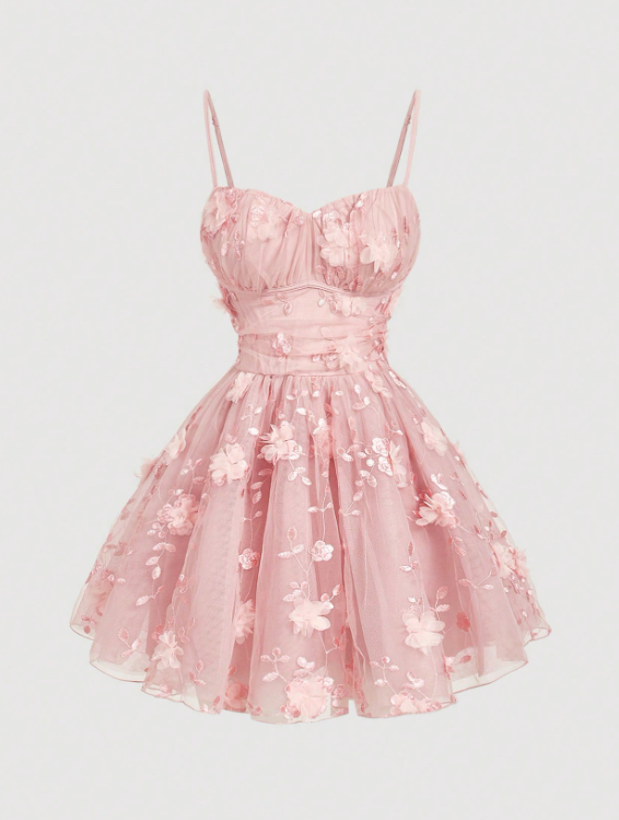 Elegant Pink Spaghetti Strap Tulle 3D Floral Appliques Sweetheart A-Line Homecoming Dress DP8694