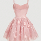 Elegant Pink Spaghetti Strap Tulle 3D Floral Appliques Sweetheart A-Line Homecoming Dress DP8694