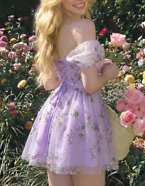 Elegant Lavender Off-the-Shoulder Tulle Floral Embroidery A-Line Homecoming Dress DP8695