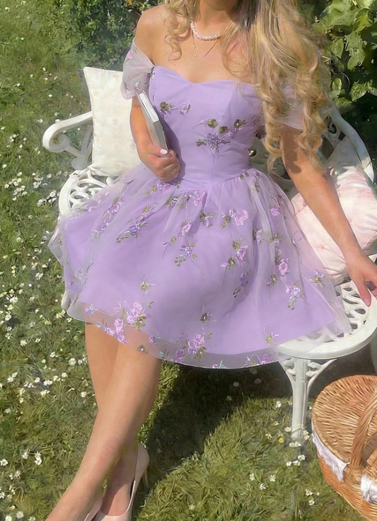 Elegant Lavender Off-the-Shoulder Tulle Floral Embroidery A-Line Homecoming Dress DP8695