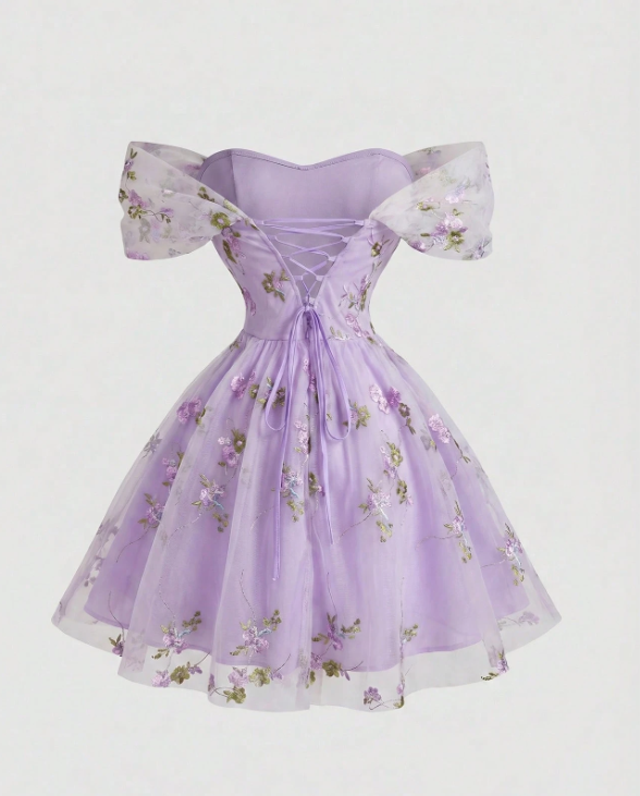Elegant Lavender Off-the-Shoulder Tulle Floral Embroidery A-Line Homecoming Dress DP8695