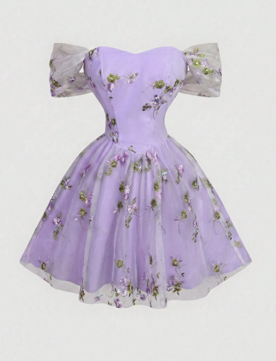 Elegant Lavender Off-the-Shoulder Tulle Floral Embroidery A-Line Homecoming Dress DP8695
