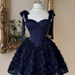 Elegant Navy Blue Bow Strap Sweetheart Corset 3D Floral Tulle A-Line Homecoming Dress DP8696