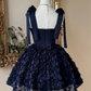 Elegant Navy Blue Bow Strap Sweetheart Corset 3D Floral Tulle A-Line Homecoming Dress DP8696