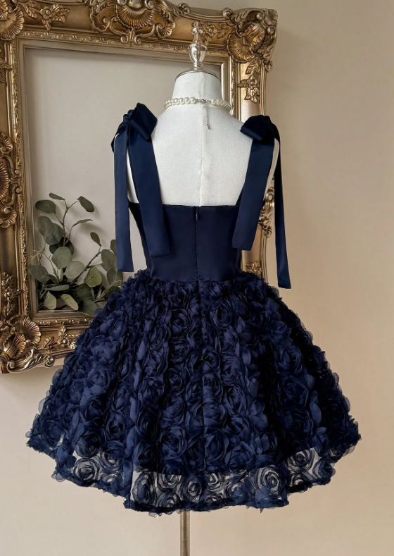 Elegant Navy Blue Bow Strap Sweetheart Corset 3D Floral Tulle A-Line Homecoming Dress DP8696
