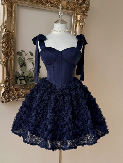 Elegant Navy Blue Bow Strap Sweetheart Corset 3D Floral Tulle A-Line Homecoming Dress DP8696