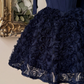 Elegant Navy Blue Bow Strap Sweetheart Corset 3D Floral Tulle A-Line Homecoming Dress DP8696