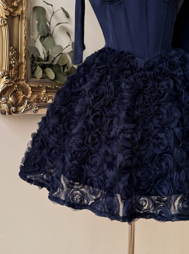 Elegant Navy Blue Bow Strap Sweetheart Corset 3D Floral Tulle A-Line Homecoming Dress DP8696