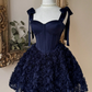 Elegant Navy Blue Bow Strap Sweetheart Corset 3D Floral Tulle A-Line Homecoming Dress DP8696