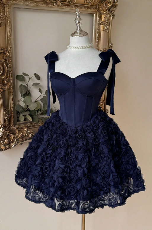 Elegant Navy Blue Bow Strap Sweetheart Corset 3D Floral Tulle A-Line Homecoming Dress DP8696