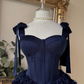 Elegant Navy Blue Bow Strap Sweetheart Corset 3D Floral Tulle A-Line Homecoming Dress DP8696