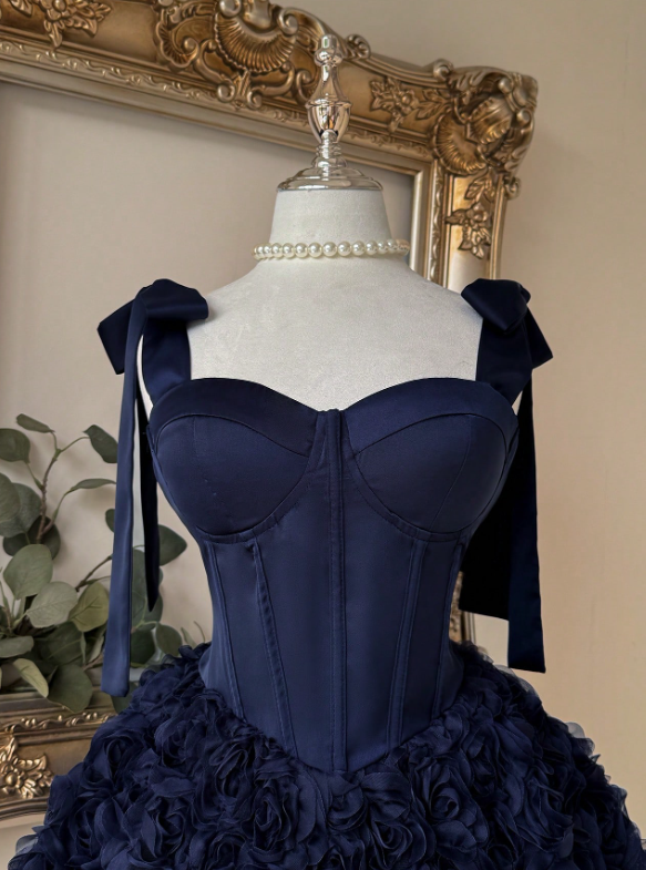 Elegant Navy Blue Bow Strap Sweetheart Corset 3D Floral Tulle A-Line Homecoming Dress DP8696