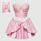 Elegant Pink Strapless Sweetheart Pearl Chain Lace Ruffle Satin A-Line Homecoming Dress DP8697