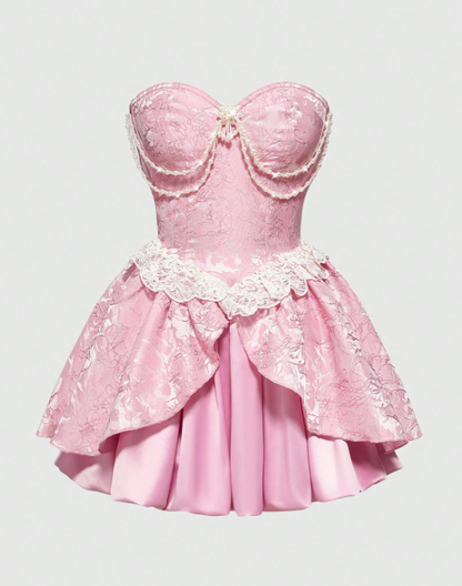 Elegant Pink Strapless Sweetheart Pearl Chain Lace Ruffle Satin A-Line Homecoming Dress DP8697