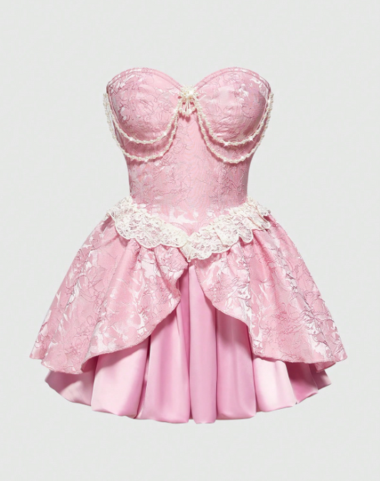 Elegant Pink Strapless Sweetheart Pearl Chain Lace Ruffle Satin A-Line Homecoming Dress DP8697