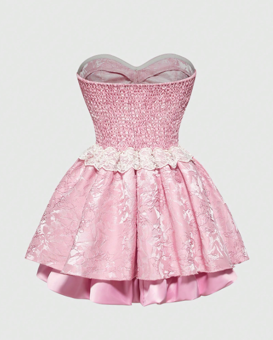 Elegant Pink Strapless Sweetheart Pearl Chain Lace Ruffle Satin A-Line Homecoming Dress DP8697