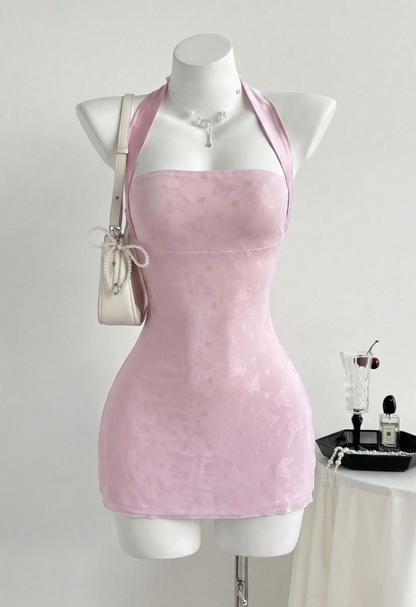 Elegant Pink Halter-Neck Bodycon Butterfly Jacquard Satin Homecoming Dress DP8698