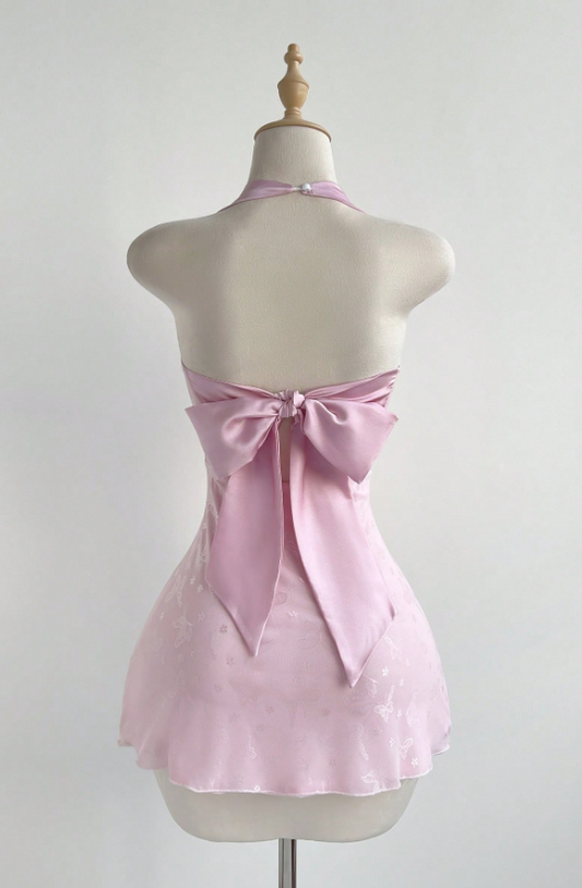Elegant Pink Halter-Neck Bodycon Butterfly Jacquard Satin Homecoming Dress DP8698