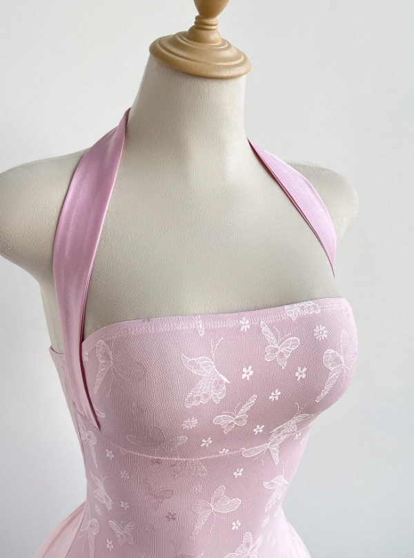 Elegant Pink Halter-Neck Bodycon Butterfly Jacquard Satin Homecoming Dress DP8698