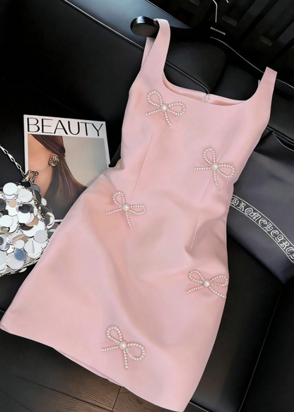 Elegant Pink Square Neck Sleeveless Satin Pearl Bow Appliques Homecoming Dress DP8699