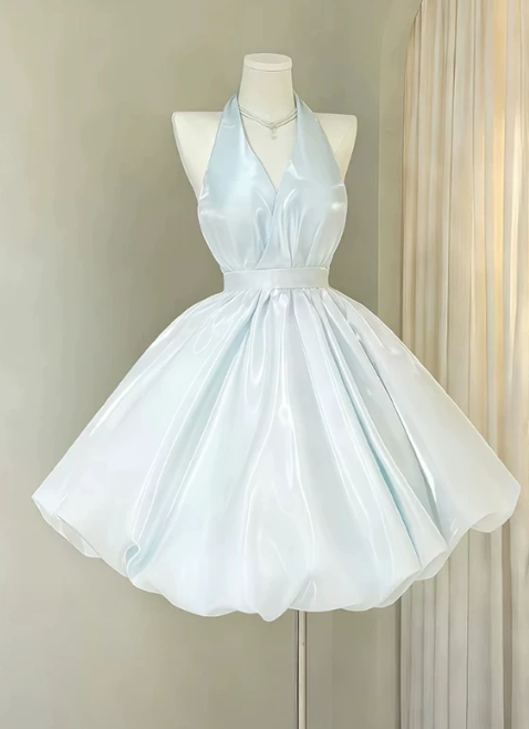 Elegant Light Blue Halter V-Neck Satin A-Line Homecoming Dress DP8720
