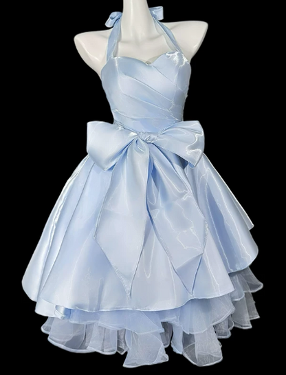 Elegant Light Blue Halter Sweetheart Big Bow Layered Tulle A-Line Homecoming Dress DP8721