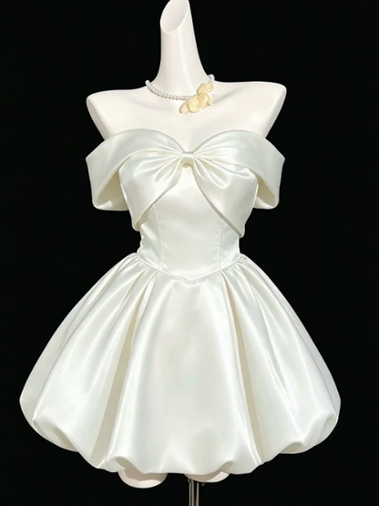 Elegant Ivory Satin Off-the-Shoulder Large Bow Corset Bubble A-Line Homecoming Dress DP8724