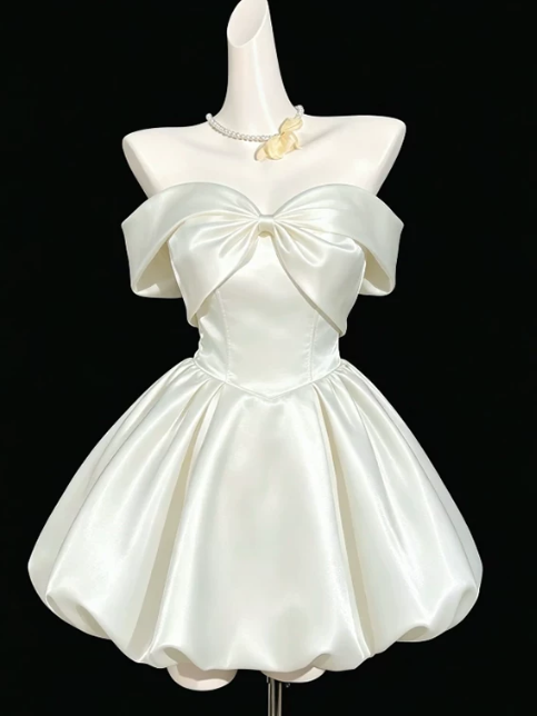 Elegant Ivory Satin Off-the-Shoulder Large Bow Corset Bubble A-Line Homecoming Dress DP8724