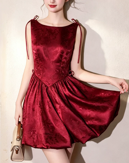 Elegant Burgundy Jacquard Satin Boat Neck Tie Strap A-Line Homecoming Dress DP8735