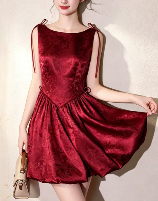 Elegant Burgundy Jacquard Satin Boat Neck Tie Strap A-Line Homecoming Dress DP8735