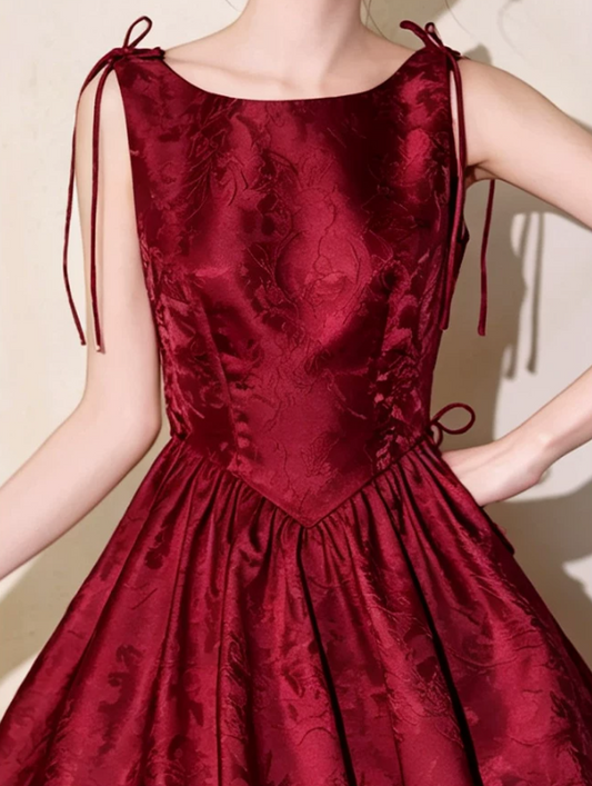 Elegant Burgundy Jacquard Satin Boat Neck Tie Strap A-Line Homecoming Dress DP8735