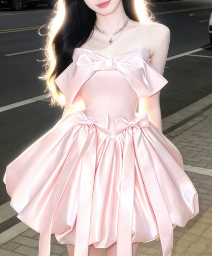 Elegant Pink Satin Bows Detail Strapless A-Line Homecoming Dress DP8737