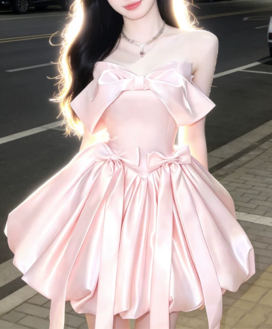 Elegant Pink Satin Bows Detail Strapless A-Line Homecoming Dress DP8737