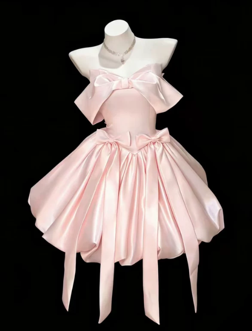 Elegant Pink Satin Bows Detail Strapless A-Line Homecoming Dress DP8737