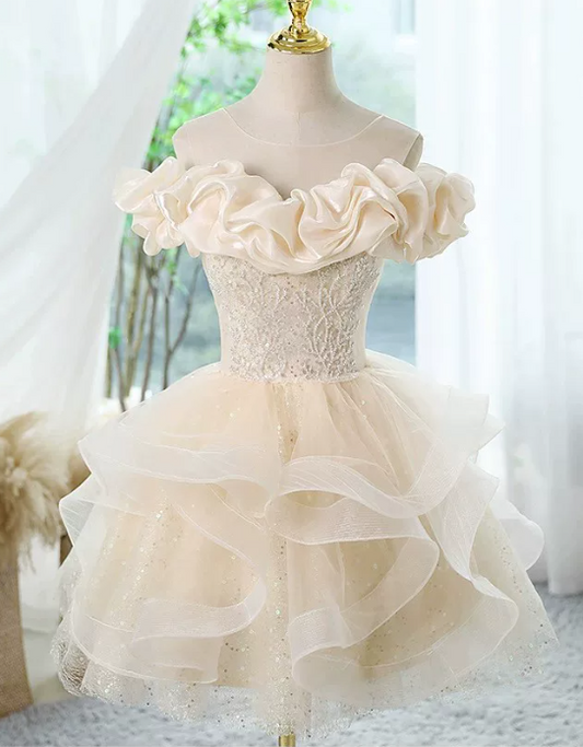 Elegant Champagne Off-the-Shoulder Satin Ruffle Beaded Bodice Glitter Tiered Tulle A-Line Homecoming Dress DP8739