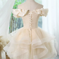 Elegant Champagne Off-the-Shoulder Satin Ruffle Beaded Bodice Glitter Tiered Tulle A-Line Homecoming Dress DP8739