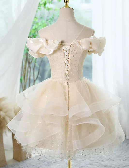 Elegant Champagne Off-the-Shoulder Satin Ruffle Beaded Bodice Glitter Tiered Tulle A-Line Homecoming Dress DP8739