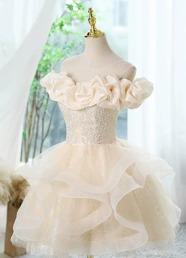 Elegant Champagne Off-the-Shoulder Satin Ruffle Beaded Bodice Glitter Tiered Tulle A-Line Homecoming Dress DP8739