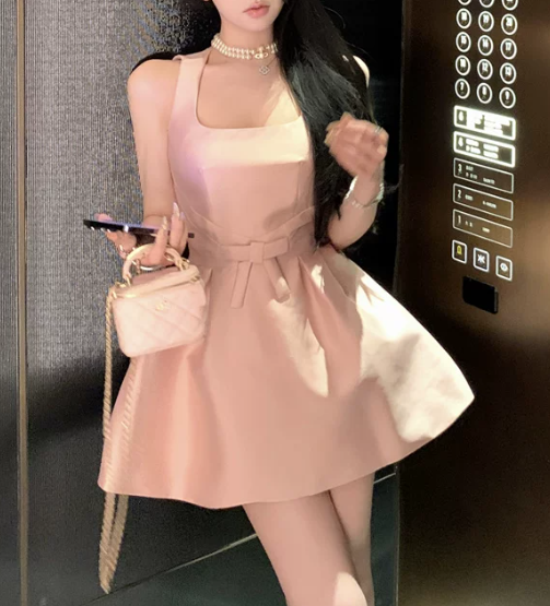 Elegant Pink Satin Square Neck Mini Dress Sleeveless A-Line Homecoming Dress DP8740