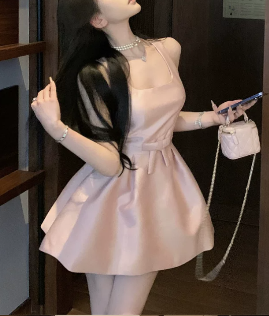 Elegant Pink Satin Square Neck Mini Dress Sleeveless A-Line Homecoming Dress DP8740