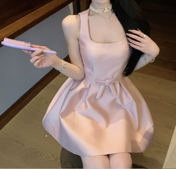 Elegant Pink Satin Square Neck Mini Dress Sleeveless A-Line Homecoming Dress DP8740