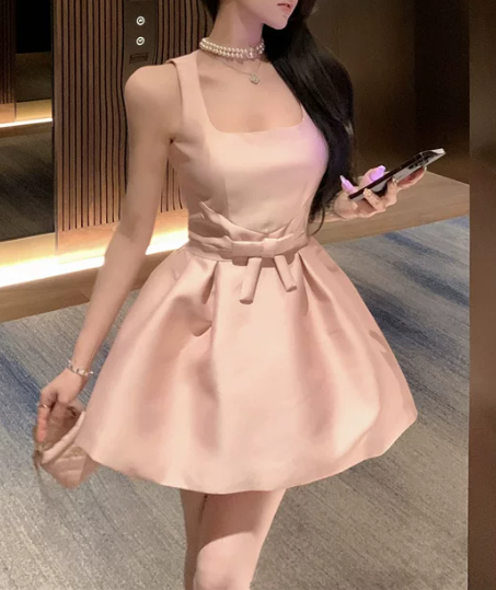 Elegant Pink Satin Square Neck Mini Dress Sleeveless A-Line Homecoming Dress DP8740