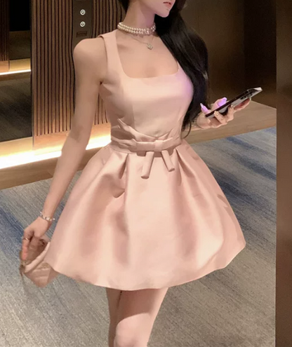 Elegant Pink Satin Square Neck Mini Dress Sleeveless A-Line Homecoming Dress DP8740