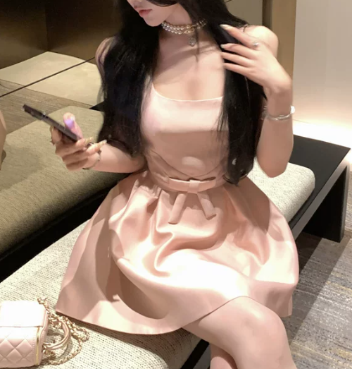 Elegant Pink Satin Square Neck Mini Dress Sleeveless A-Line Homecoming Dress DP8740