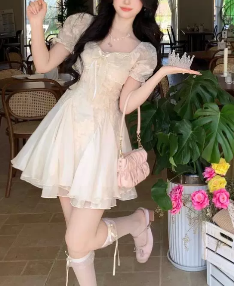 Elegant Ivory Lace Puff Short Sleeve Organza Layered A-Line Homecoming Dress DP8741