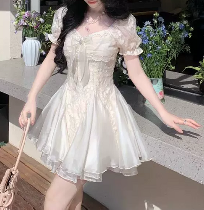 Elegant Ivory Lace Puff Short Sleeve Organza Layered A-Line Homecoming Dress DP8741