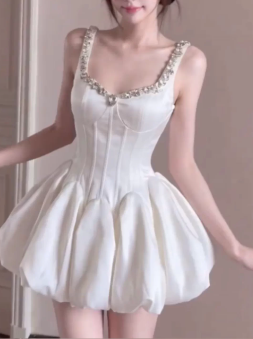 Elegant White Satin Corset Mini Rhinestone Square Neck A-Line Homecoming Dress DP8742